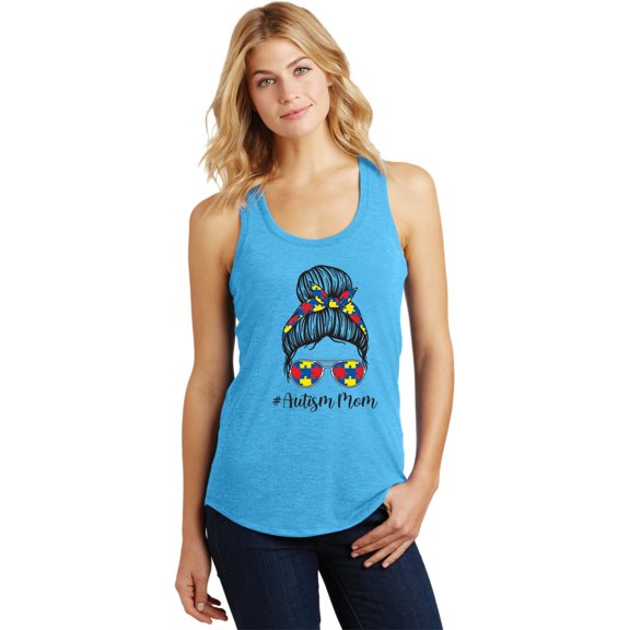 Autism Mom Bun Puzzle Pieces Womens Racerback Tank Top, Small Turquoise