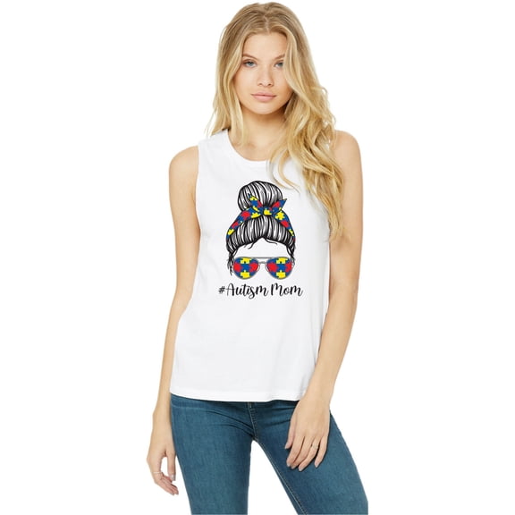 Autism Mom Bun Puzzle Pieces Womens Sleeveless Shirt, Small White