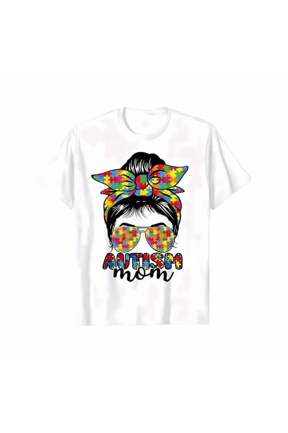 Autism Mom Crew Neck Tee Puzzle Bow Design For Proud Mothers