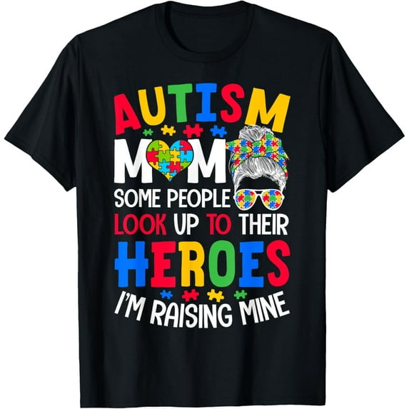 Autism Mom Raising Hero Groovy Messy Bun Autism Awareness T-Shirt100% pure cotton