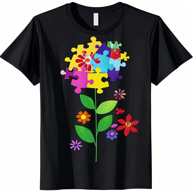 Autism Pieces Flower Graphic Design Black T Shirt for Kids and Adults ...