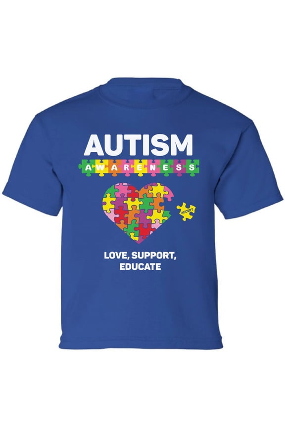 Autism Puzzle Love Support Educate Autism Awareness Graphic Tee Youth T-Shirt for Boys Girls