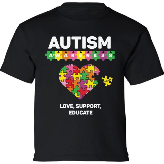 Autism Puzzle Love Support Educate Autism Awareness Graphic Tee Youth T-Shirt for Boys Girls