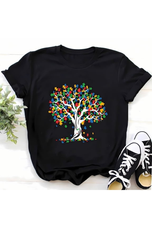 Autism Puzzle Tree T-Shirt Colorful Graphic For Daily Wear