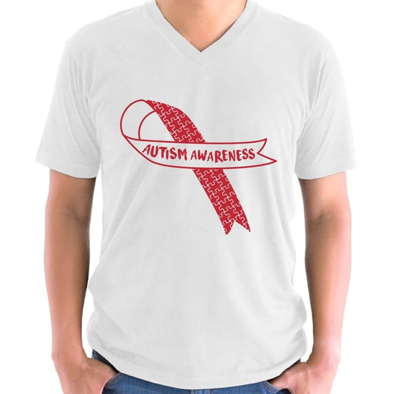 Autism Red Ribbon Awareness Shirt for Men V-neck Short Sleeve Puzzle Mens Graphic Tee