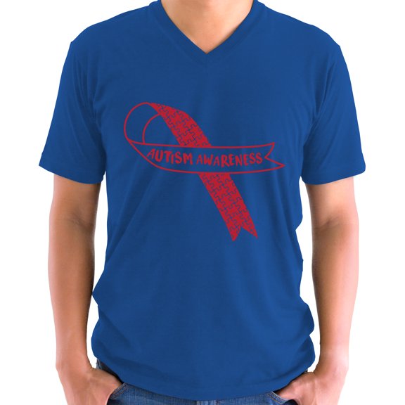 Autism Red Ribbon Awareness Shirt for Men V-neck Short Sleeve Puzzle Mens Graphic Tee