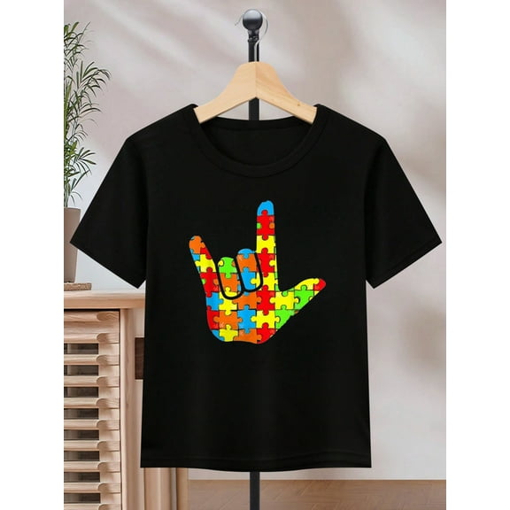 Autism Rock Patterned Iron-on Graphic T-shirts for Outdoor Sports and Daily Wearing, Young Girls T-Shirts, Size from 3T-13Y