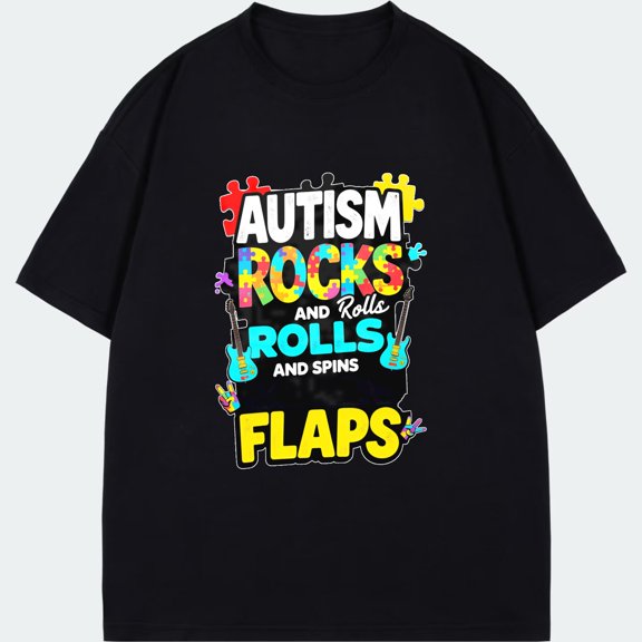 Autism Rocks And Rolls And Spins Flaps T Shirt Black Colorful Puzzle Piece And Guitar Design For Autism Awareness Events And Everyday Wear