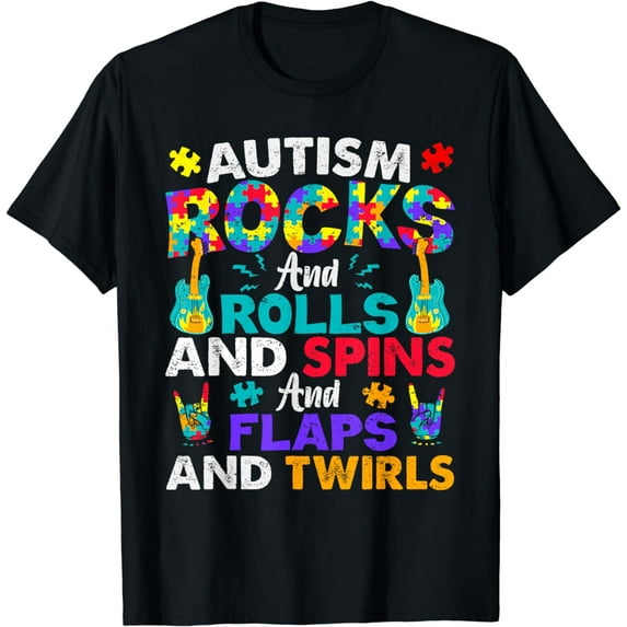 Autism Rocks Rolls Spins Flaps Awareness Womens Mens T-Shirt