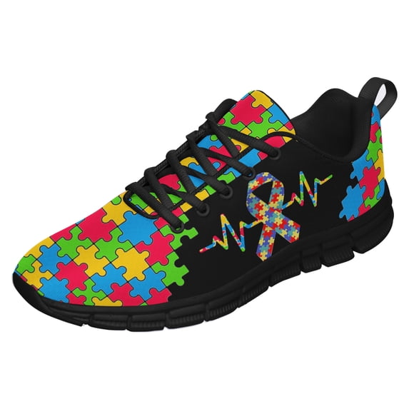 Autism Shoes Women Men Running Sneakers Autism Awareness Puzzle Print Tennis Walking Shoes Black Size 11.5