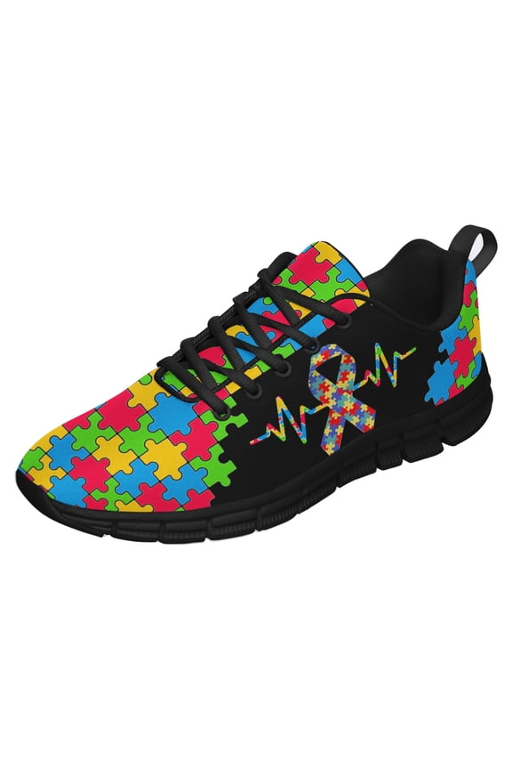 Autism Shoes Women Men Running Sneakers Autism Awareness Puzzle Print Tennis Walking Shoes Black Size 9