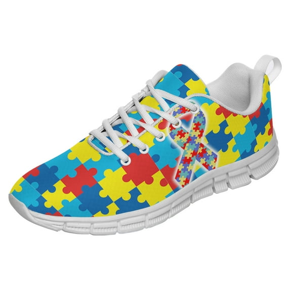 Autism Shoes Women Men Running Sneakers Autism Awareness Puzzle Print Tennis Walking Shoes White Size 10.5