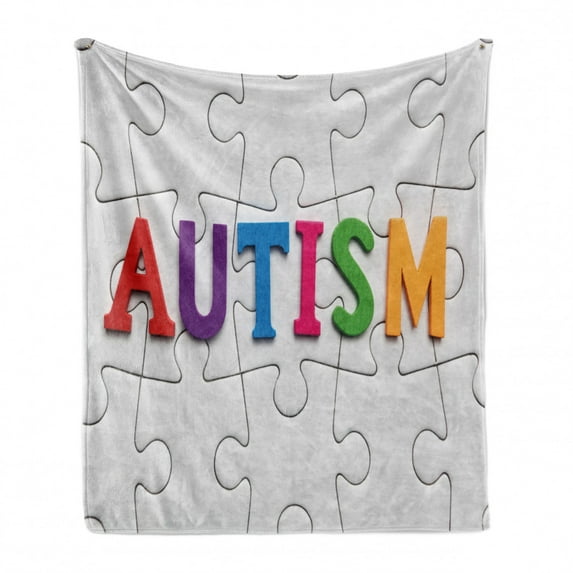 Autism Soft Flannel Fleece Throw Blanket, Completed Puzzle Pieces with Calligraphy Representing a Neurological Disability, Cozy Plush for Indoor and Outdoor Use, 50" x 70", Multicolor, by Ambesonne
