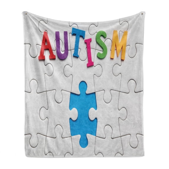 Autism Soft Flannel Fleece Throw Blanket, Inscription of Mental Condition on a White Puzzle Backdrop Raising Hope Awareness, Cozy Plush for Indoor and Outdoor Use, 60" x 80", Multicolor, by Ambesonne