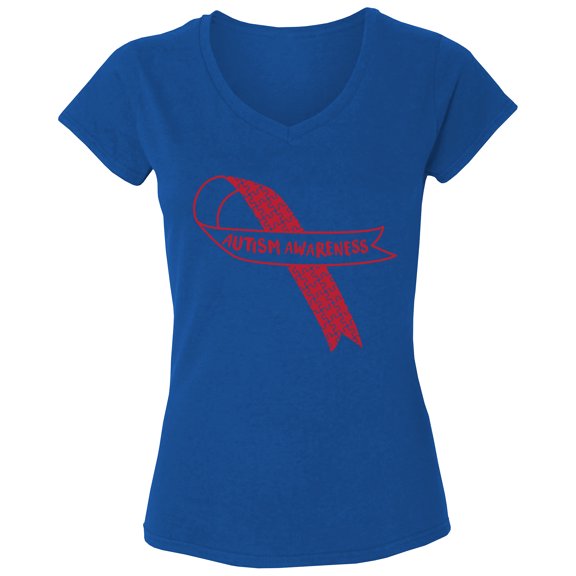 Autism Support Red Ribbon V-Neck T-Shirt for Women - Autism Puzzle S M L XL 2XL Graphic Tee