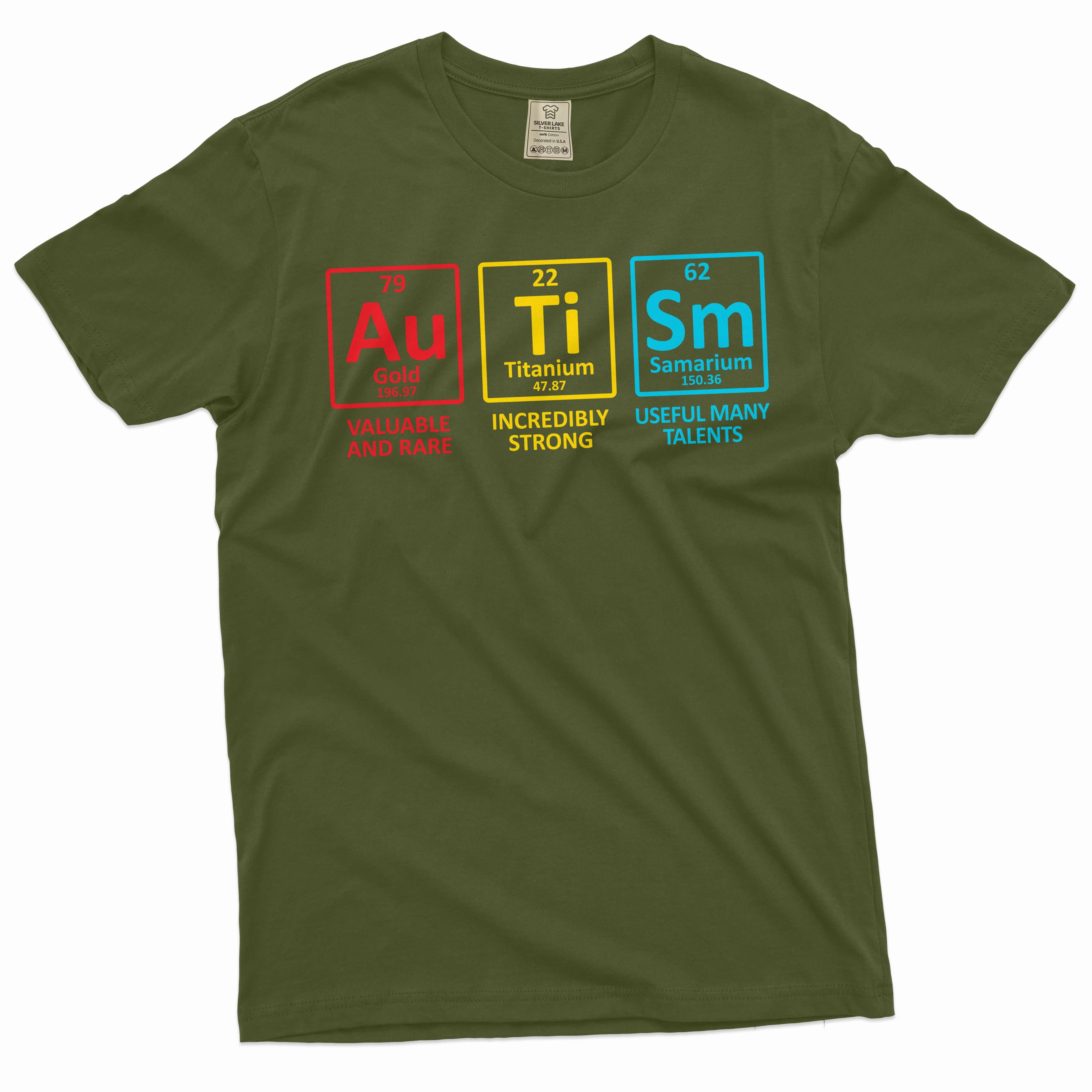 Autism T-shirt Autism awareness month periodic table creative novelty shirt (3X-Large Military Green)