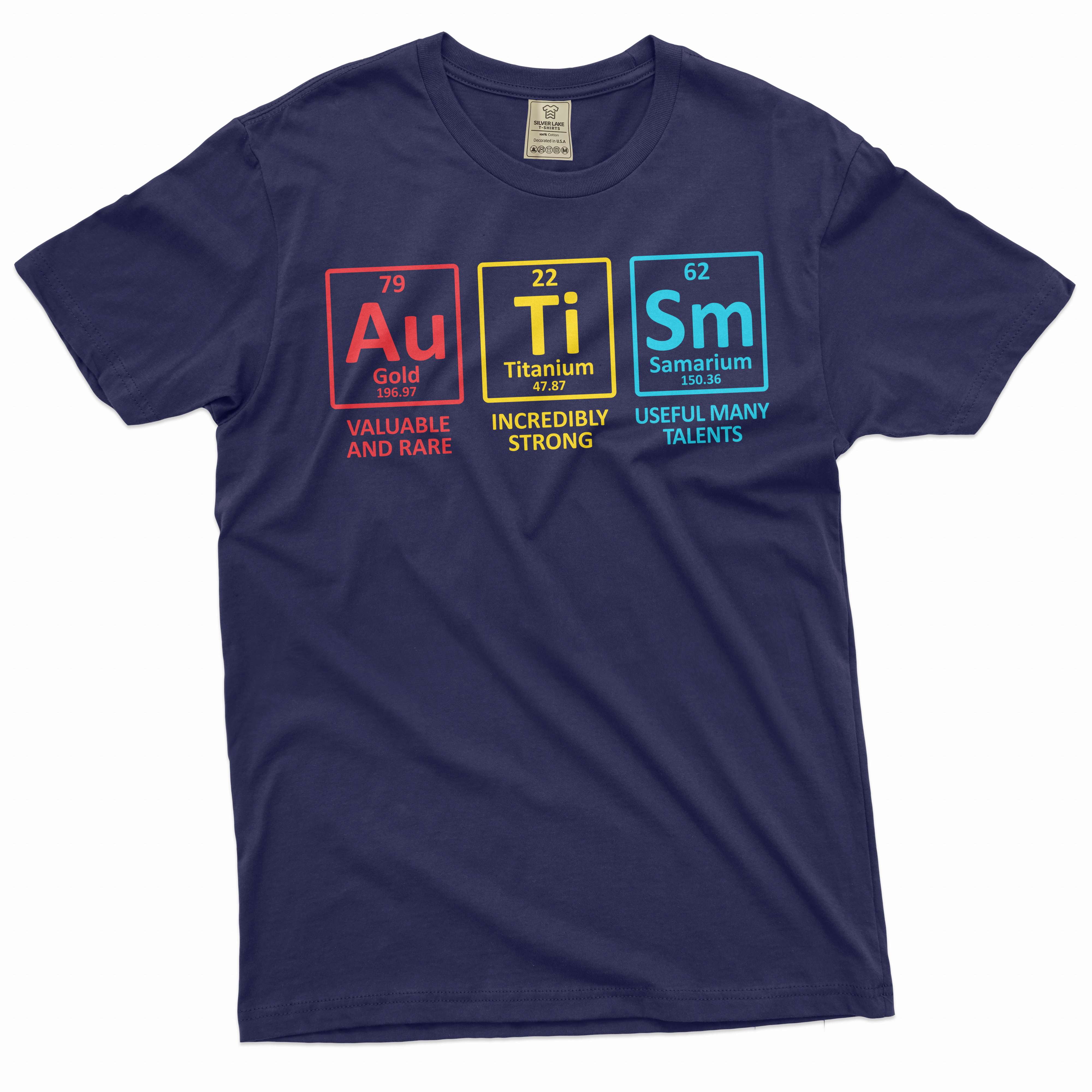 Autism T-shirt Autism awareness month periodic table creative novelty shirt (Medium Navy Blue)