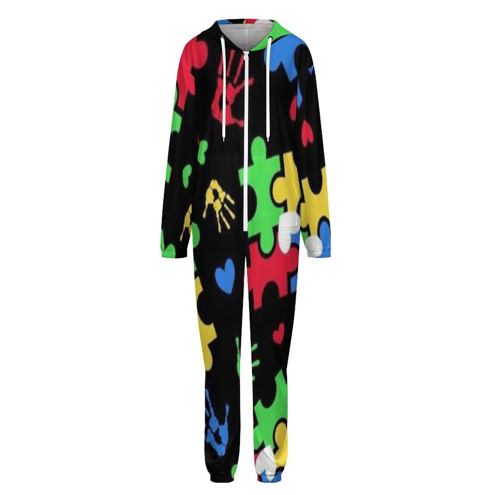 Pyjamas Autistic Images Autism Theme PUZZLE Heart Pattern Unisex Adult Onesie Pajamas with ...