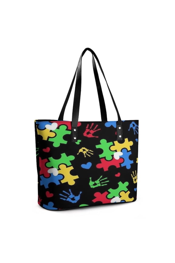 Autism Theme PUZZLE Heart Pattern Woman Leather Handbags Large Tote Bag Fashion Portable Handbags With Zipper