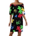 thumbnail image 1 of Autism Theme PUZZLE Heart Pattern Women's Off The Shoulder Ruffles Summer Wedding Guest Loose Casual Party Beach Dress, 1 of 9