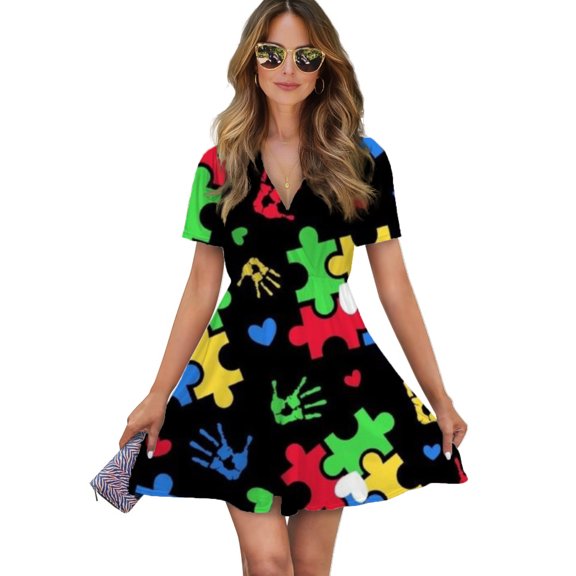 Autism Theme Puzzle Heart Pattern Women Dress V-Neck Short Sleeve Flowy Swing Party Midi Dress