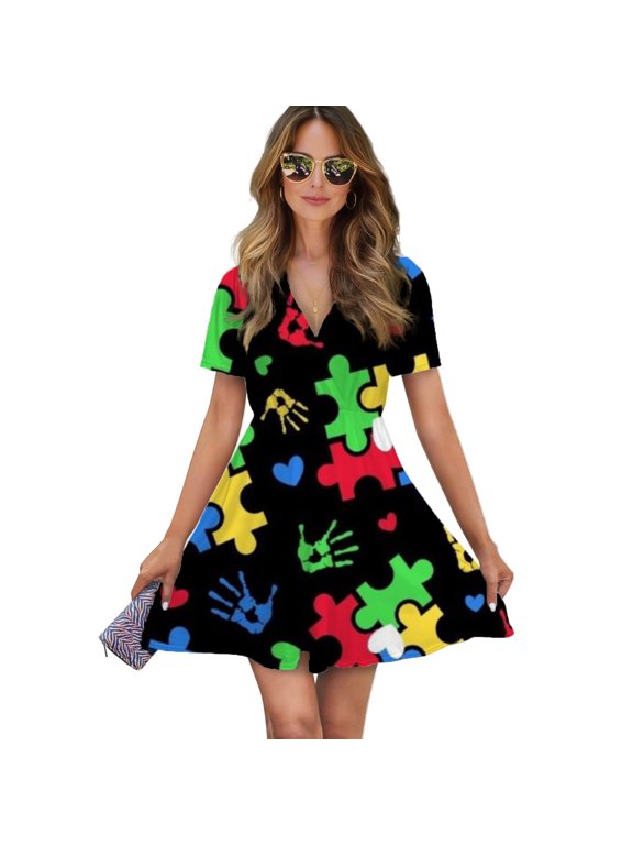 Autism Theme Puzzle Heart Pattern Women Dress V-Neck Short Sleeve Flowy Swing Party Midi Dress