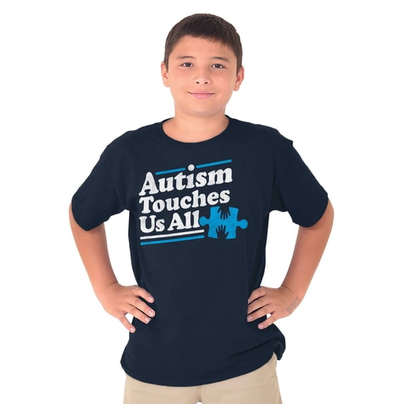 Autism Touches Us All Puzzle Piece Crewneck T Shirts Boy Girl Teen Brisco Brands XS