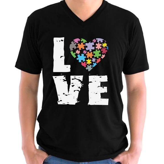 Autism V-neck Shirt for Men Love Puzzle Autism Awareness Mens S M L XL 2XL Graphic Tee