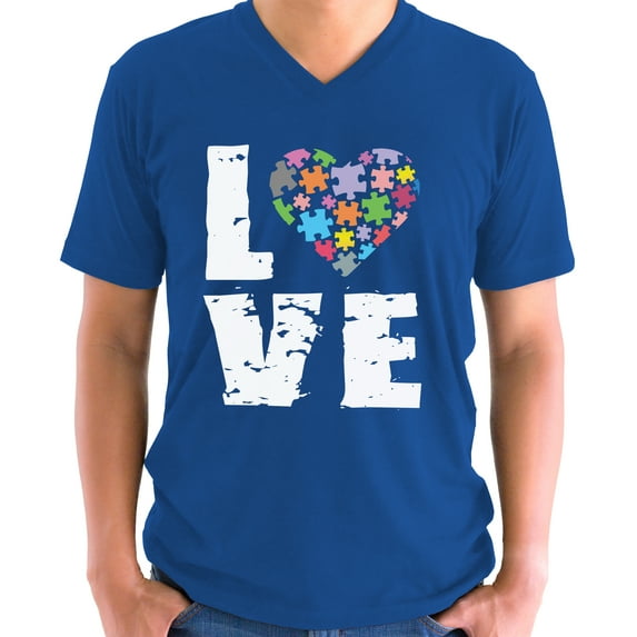Autism V-neck Shirt for Men Love Puzzle Autism Awareness Mens S M L XL 2XL Graphic Tee