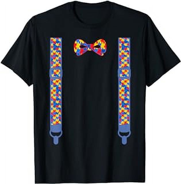 Autism awareness bow tie suspenders Puzzle pieces tshirt