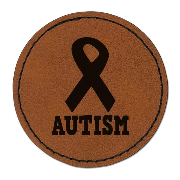 Autism with Awareness Ribbon 2.5" Faux Leather Round Engraved Iron-On Patch - Brown