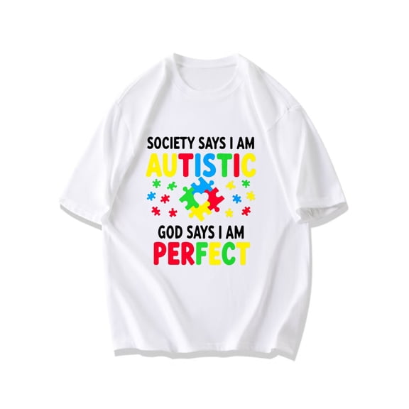 Autistic Awareness T Shirt Black Society Says I Am Autistic God Says I Am Perfect Puzzle Pieces And Stars Print For Autism Support And Pride Events