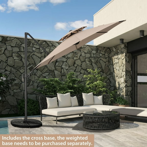 Autlaycil 10 FT Aluminum Offset Outdoor Cantilever Umbrella with 360-degree Rotation, 2-Tier Patio Umbrella, Khaki