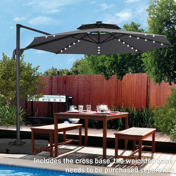Autlaycil 10 FT Aluminum Offset Outdoor Cantilever Umbrella with 35 Solar Lights, and 360-degree Rotation, 2-Tier Patio Umbrella, Grey