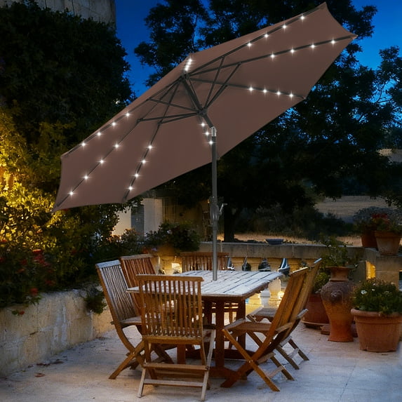 Autlaycil 10ft Patio Umbrellas 32 Solar LED Lights Outdoor Market Umbrella with Tilt Crank, Solar Umnrella - Brown