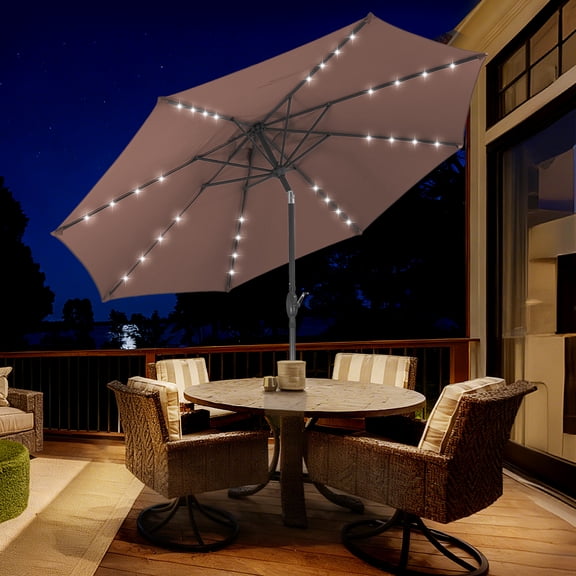 Autlaycil 10ft Patio Umbrellas 32 Solar LED Lights Outdoor Market Umbrella with Tilt Crank, Solar Umnrella - Brown