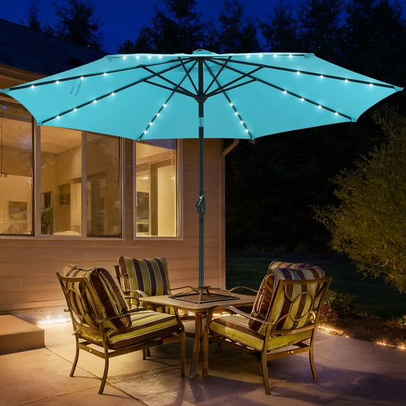 Autlaycil 10 FT Blue Patio Umbrella with Steel Tilt and Crank, Includes 32 Solar LED Lights