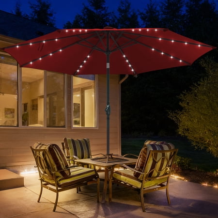 Autlaycil 10 FT Red Patio Umbrella with Steel Tilt and Crank, Includes 32 Solar LED Lights
