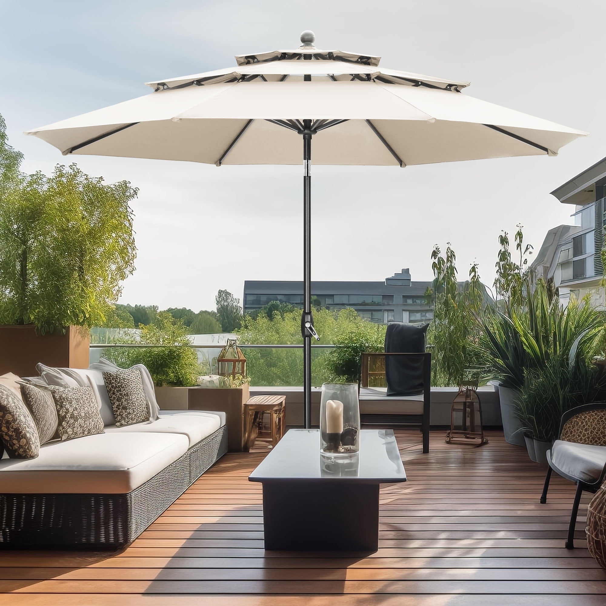 Autlaycil 10' Beige Patio Umbrella 3 Tiers with Tilt and Crank for Outdoor, Pool, Beach, Garden