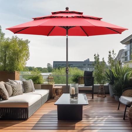 Autlaycil 10' Red Patio Umbrella with Tilt and Crank, 3 Tiers for Outdoor, Pool, Beach, Garden