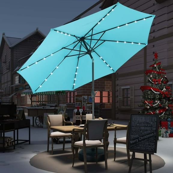Autlaycil 10 ft Solar Patio Umbrellas with 32 Lights for Market Outdoor Pool, Steel Tilt Crank-Blue