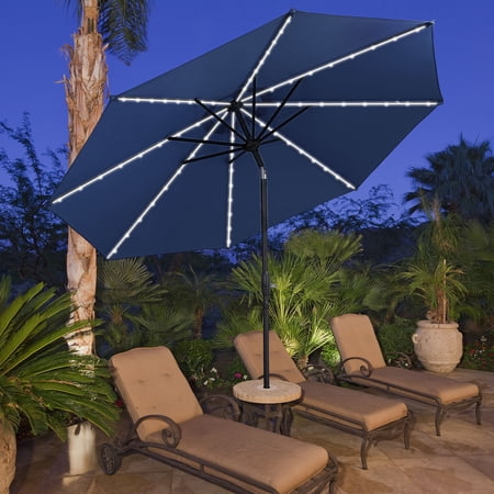 Autlaycil 10' Solar Patio Umbrella 64 LED Lighted, Strip Lights Outdoor Market Table Umbrella with Push Button Tilt and Crank, Sturdy Pole, Easy to Set (Navy Blue)