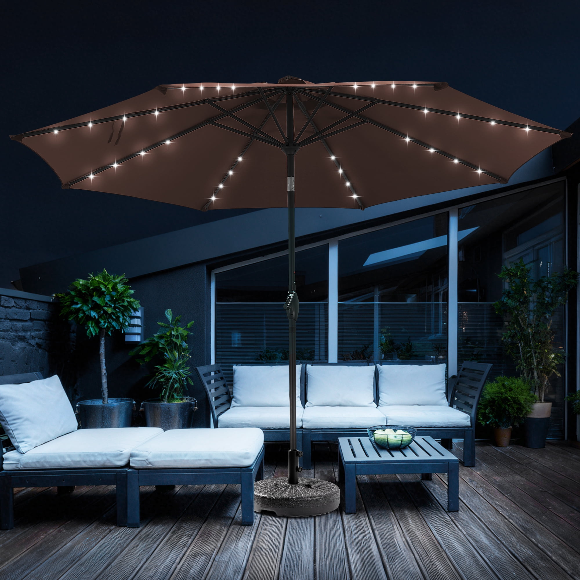lighted patio umbrella 40 led Best Choice Products 10ft Solar Striped w/ Crank, Tilt, Push Button, 6 Ribs and canopy sagging Gtnali 10 ft. 40-LED Lighted