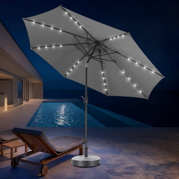 Autlaycil 10 ft Solar Patio Umbrella and Base, with 32 Lights for Market Outdoor Pool, Steel Tilt Crank-Grey