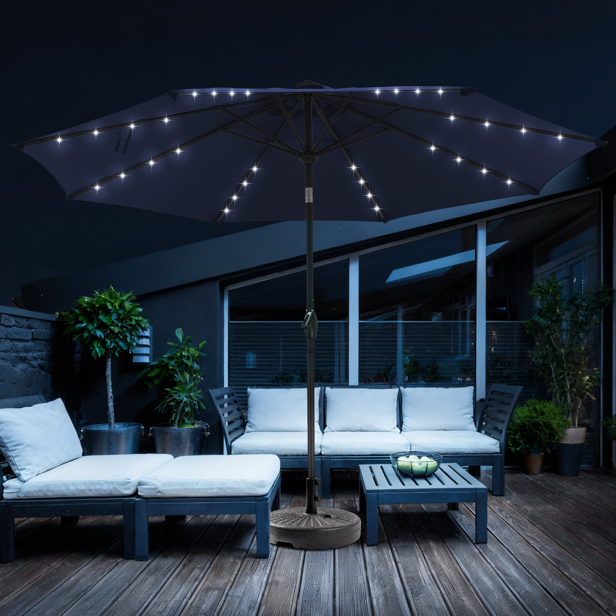 blue lighted patio umbrella PHI VILLA 15ft Large with Base & Solar Lights,Rectangle,Navy This deluxe solar LED patio umbrella measures 9 ft Autlaycil 10 FT Patio Umbrella