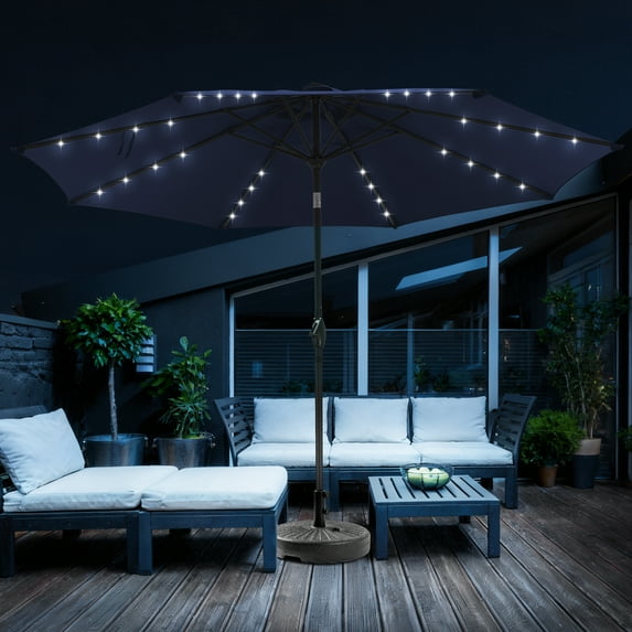 Autlaycil 10 FT Patio Umbrella with Base, Steel Tilt and Crank, Includes 32 Solar LED Lights, Navy Blue