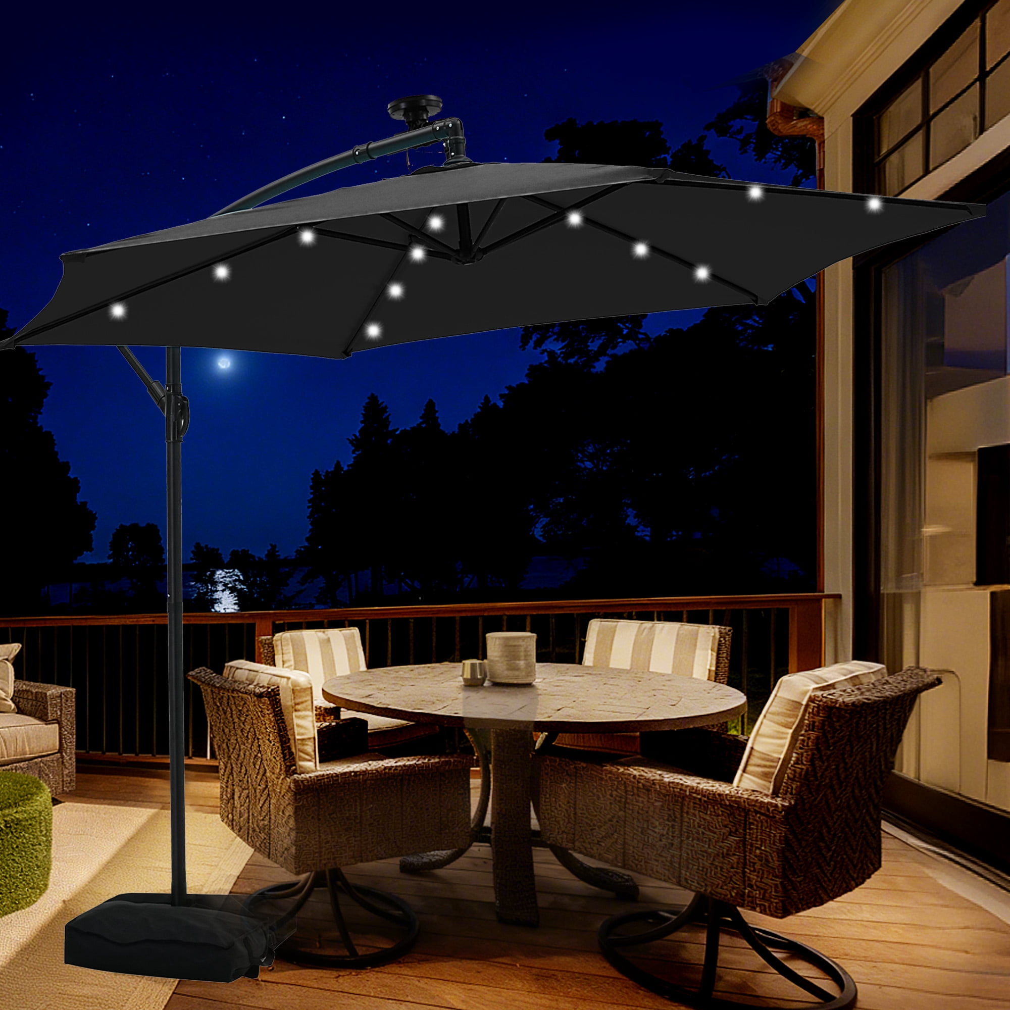 Autlaycil 10 ft Cantilever Offset Outdoor Patio Umbrella with Base Stand Rotate and Tilt,24 Solar LED Lights, Black - Walmart.com