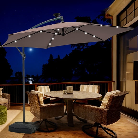 Autlaycil 10 ft Cantilever Offset Outdoor Patio Umbrella with Base Stand Rotate and Tilt,24 Solar LED Lights, Coffee