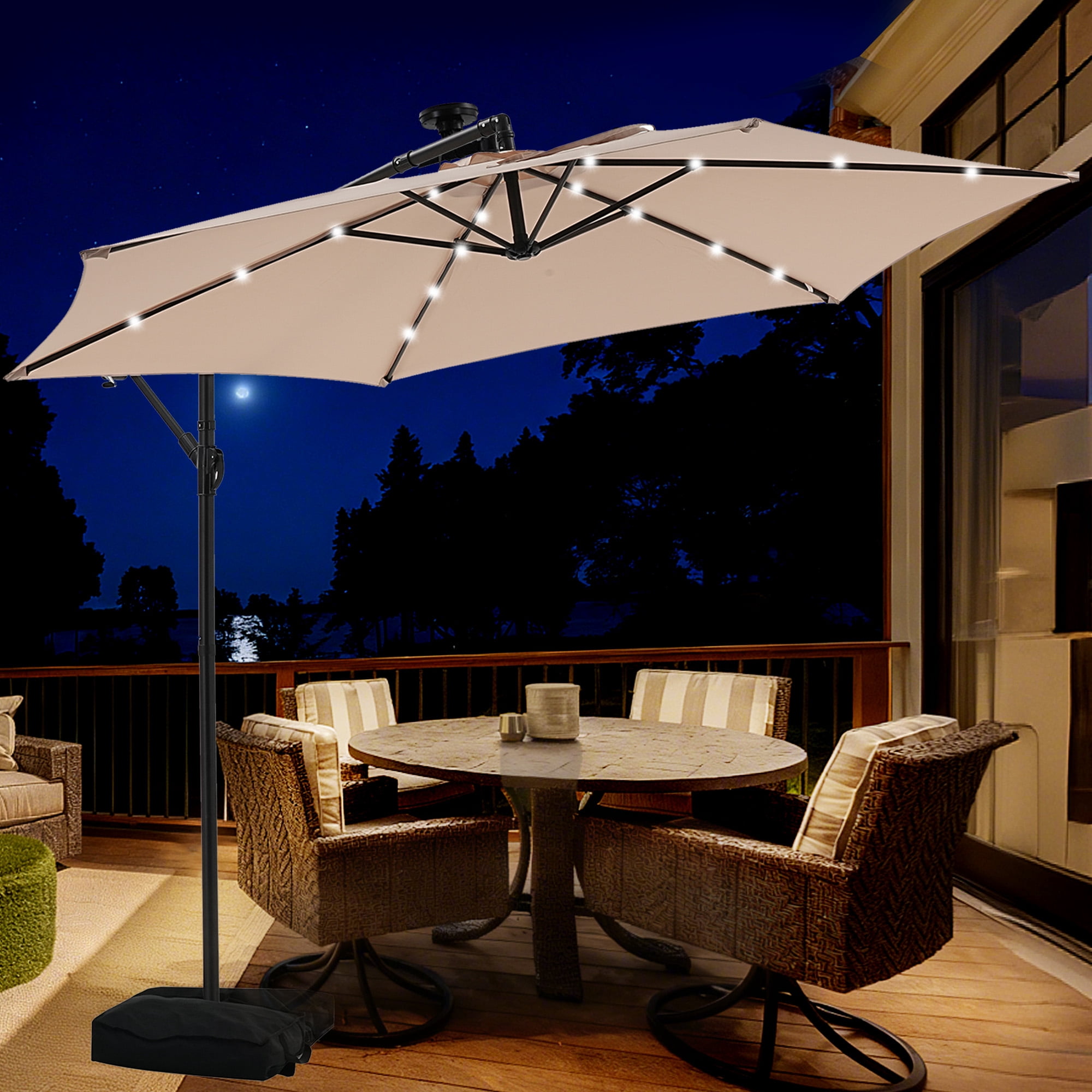 Autlaycil 10 ft Cantilever Offset Outdoor Patio Umbrella with Base Stand Rotate and Tilt,24 Solar LED Lights, Khaki