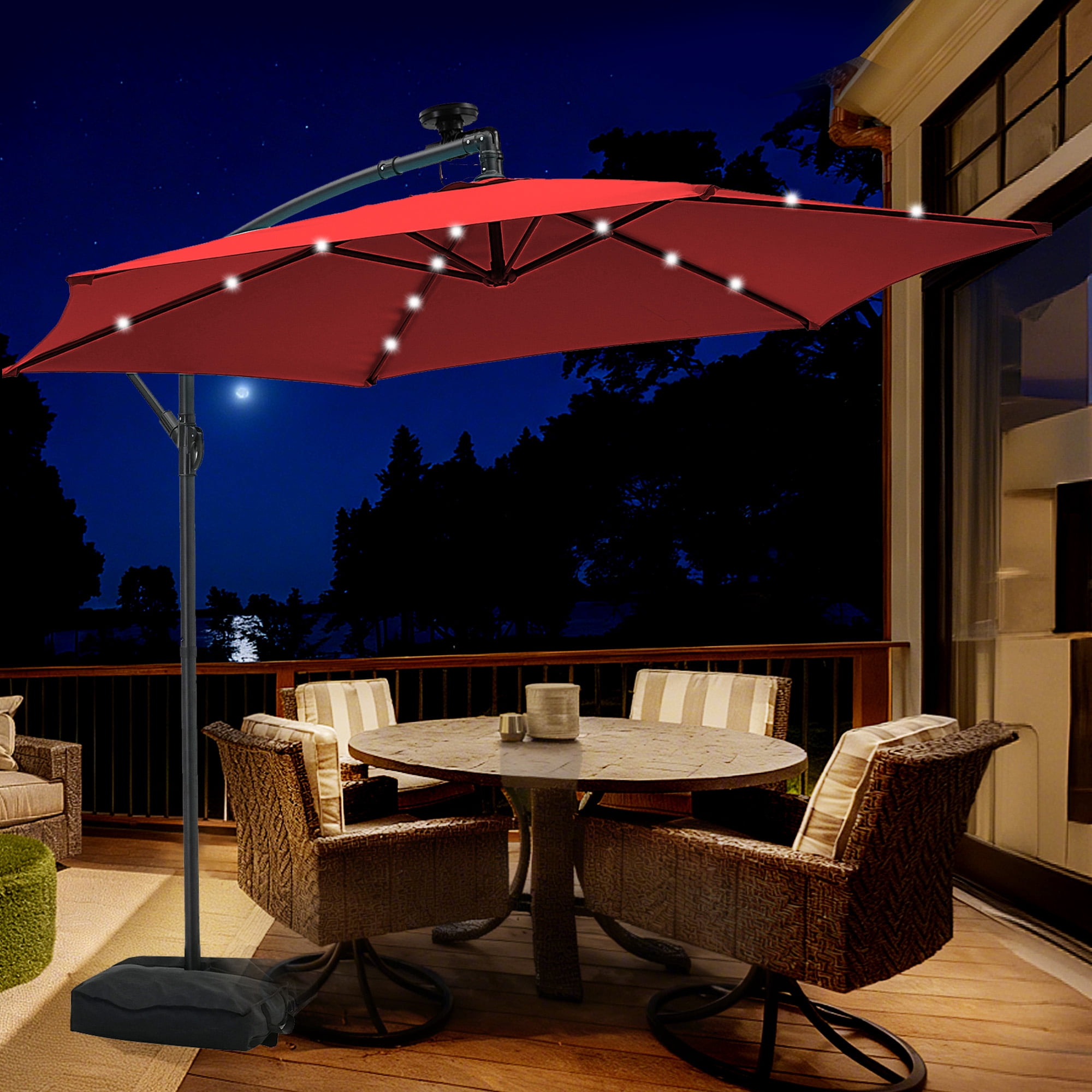 Autlaycil 10 ft Cantilever Offset Outdoor Patio Umbrella with Base Stand  Rotate and Tilt,24 Solar LED Lights - Red